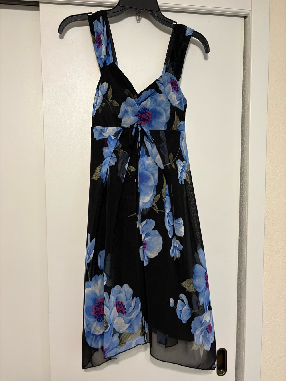 Black Midi Dress with Blue Floral Print